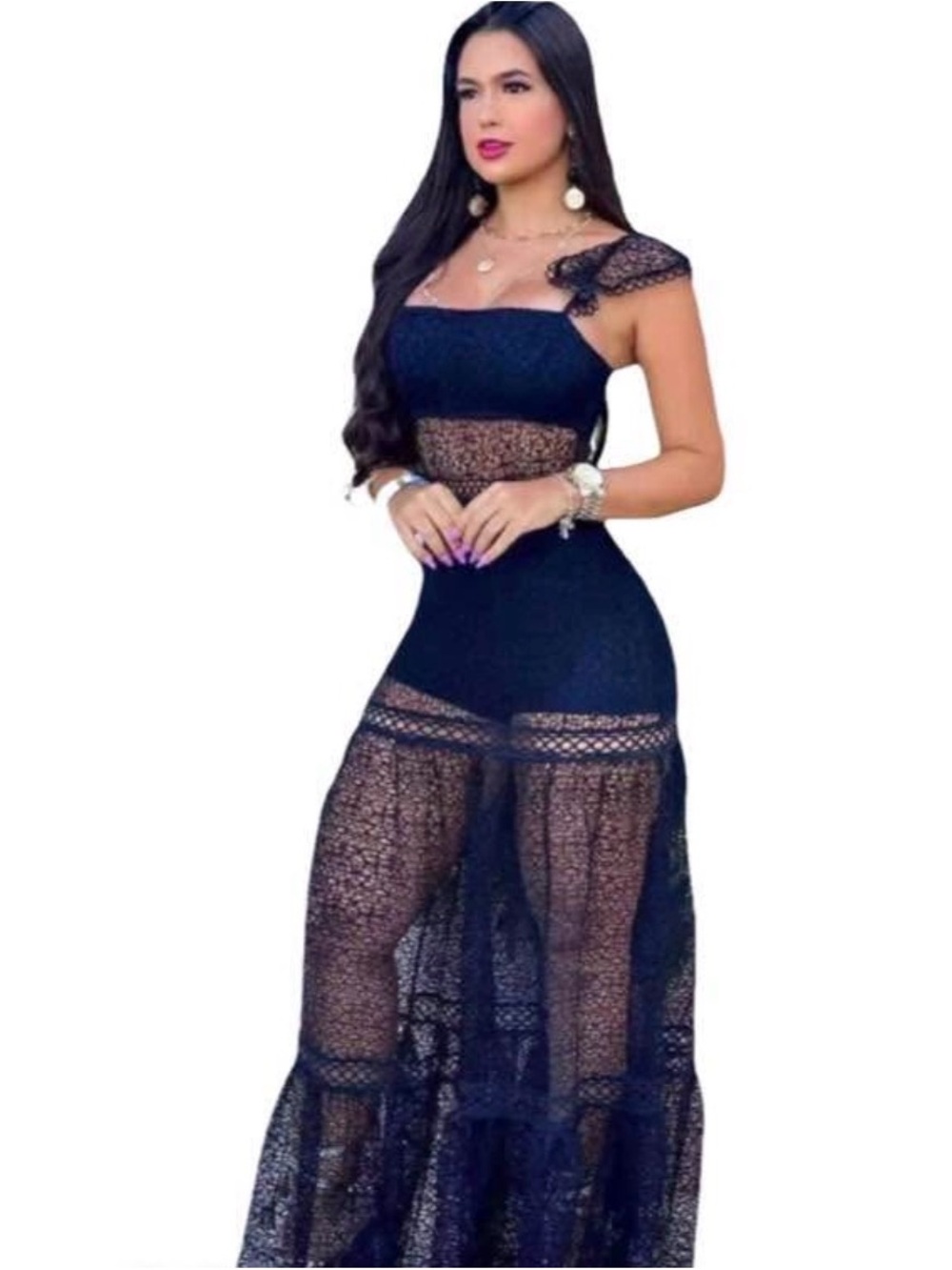 Black Lace Maxi Dress with Sheer Paneling